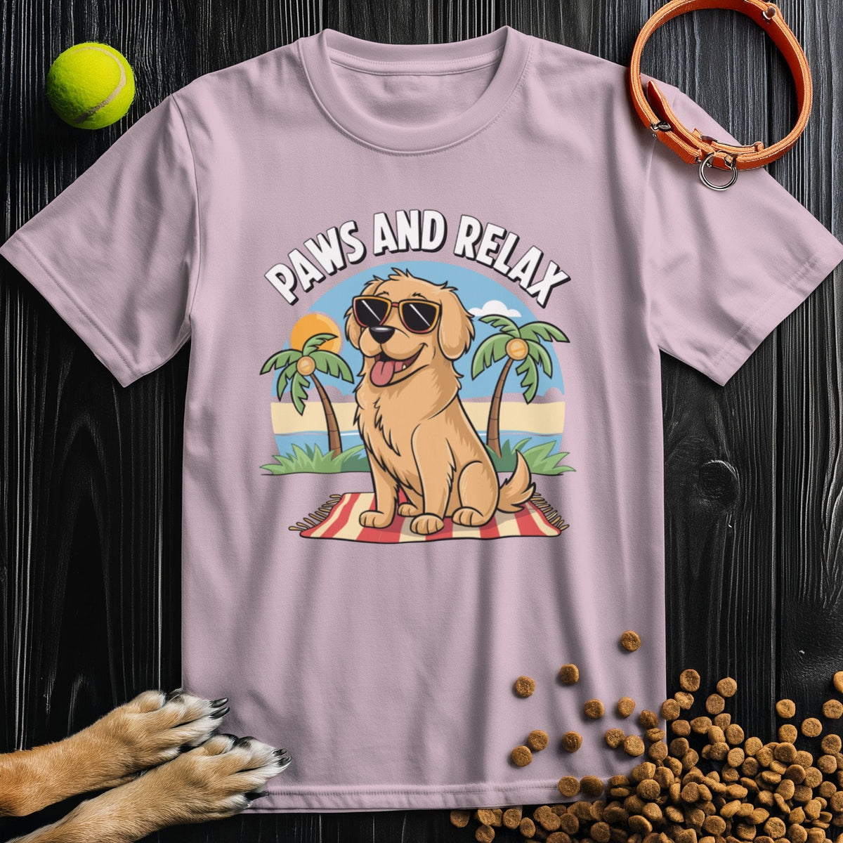 Light pink Pup's Day Off T-Shirt with a sunny beach dog graphic. Soft cotton tee with a fun message for dog enthusiasts.