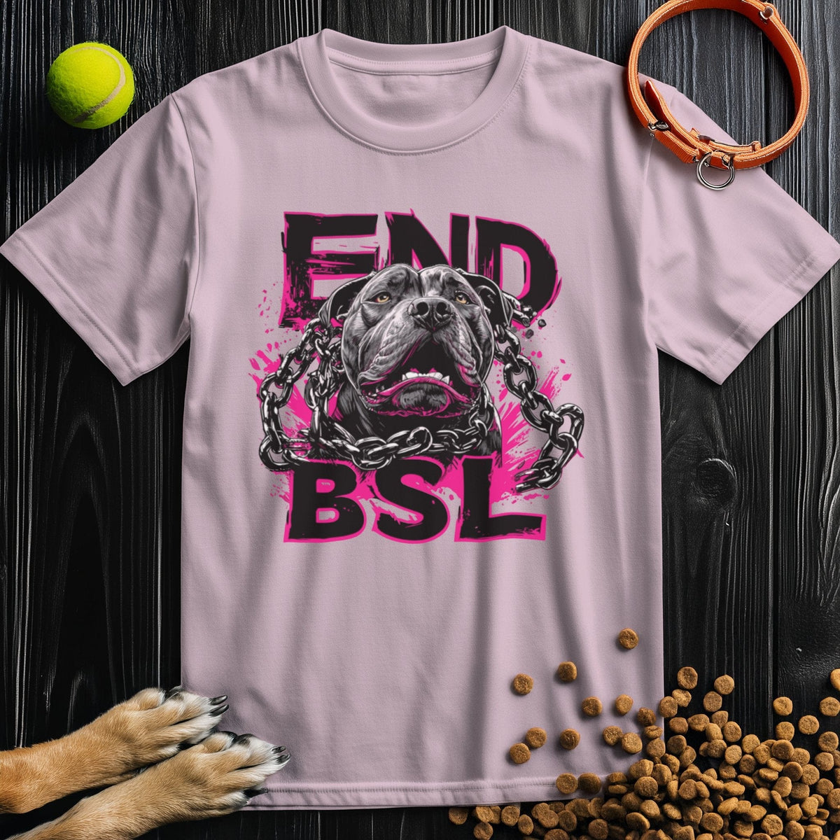 Light pink End BSL T-shirt with pit bull and chain-breaking design in vibrant pink. Made in the USA with 100% cotton for comfort and cause.