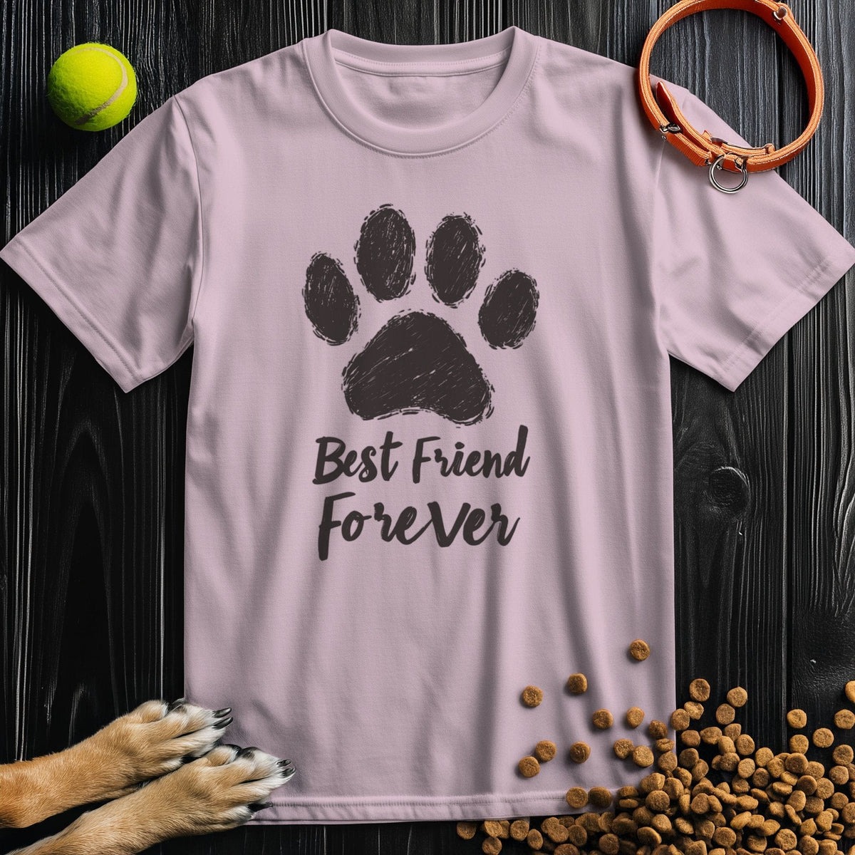 Light pink Forever Black T-Shirt with paw print and 'Best Friend Forever' design. Soft cotton crew neck tee for pet lovers and casual wear.