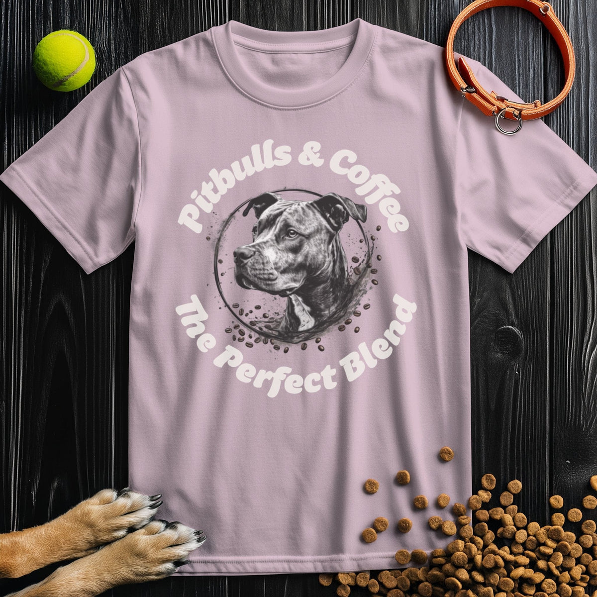 Light pink Pitbulls And Coffee TShirt with artistic pitbull and coffee motif. A perfect blend of comfort and style from Good Boy Mob.