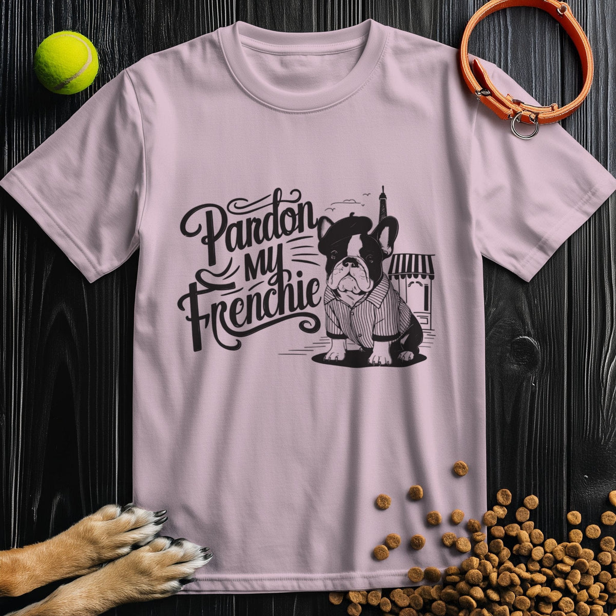 Light pink 'Pardon My Frenchie' t-shirt with a cute French Bulldog illustration. Funny Frenchie apparel for dog owners at Good Boy Mob.