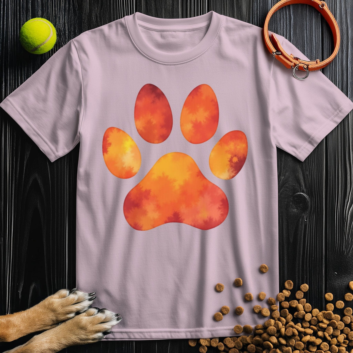 Dog Themed Shirts - Autumn Blaze Paw in light pink cotton with orange paw design. Soft unisex t-shirt perfect for dog lovers and casual outfits.