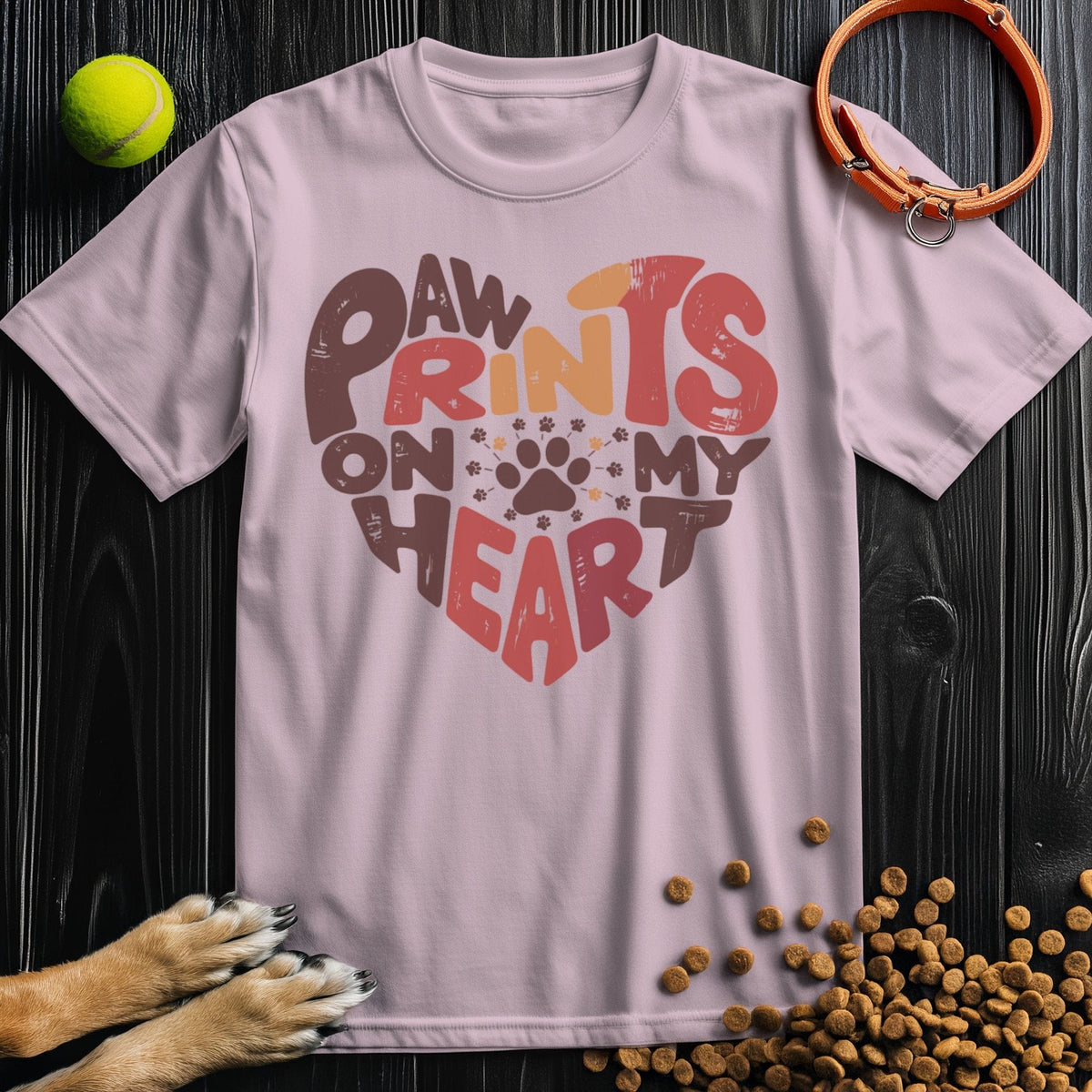 Light pink Paw Print Heart T-Shirt with playful heart-shaped dog print. Soft cotton fabric ideal for casual pet-themed outfits.