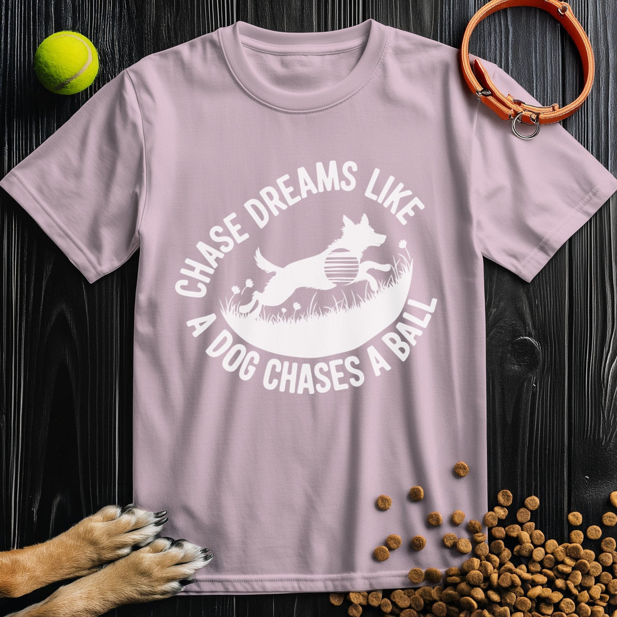 Light pink Chase Dreams T-Shirt with motivational dog print. Soft, breathable cotton tee perfect for summer and TikTok trends.