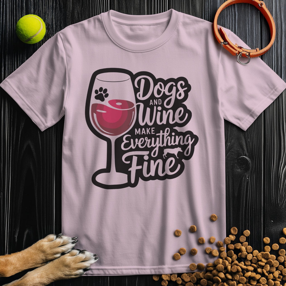Light pink Wine Drinking T-Shirt with dog and wine themed design, soft cotton tee ideal for summer and pet-friendly events.
