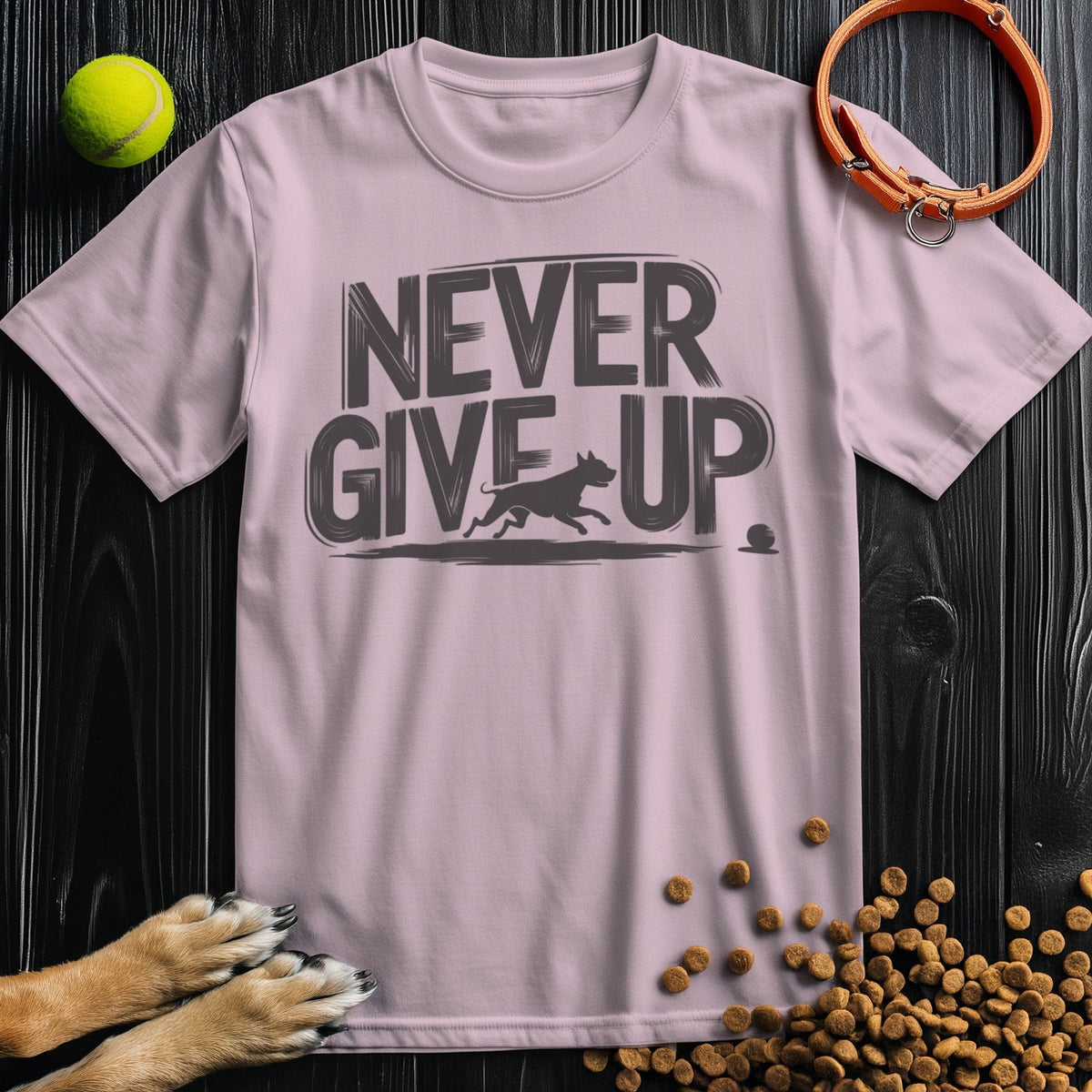 Light pink Never Give Up dog-themed T-shirt in soft cotton, unisex crew neck fit with motivational design for casual outfits.
