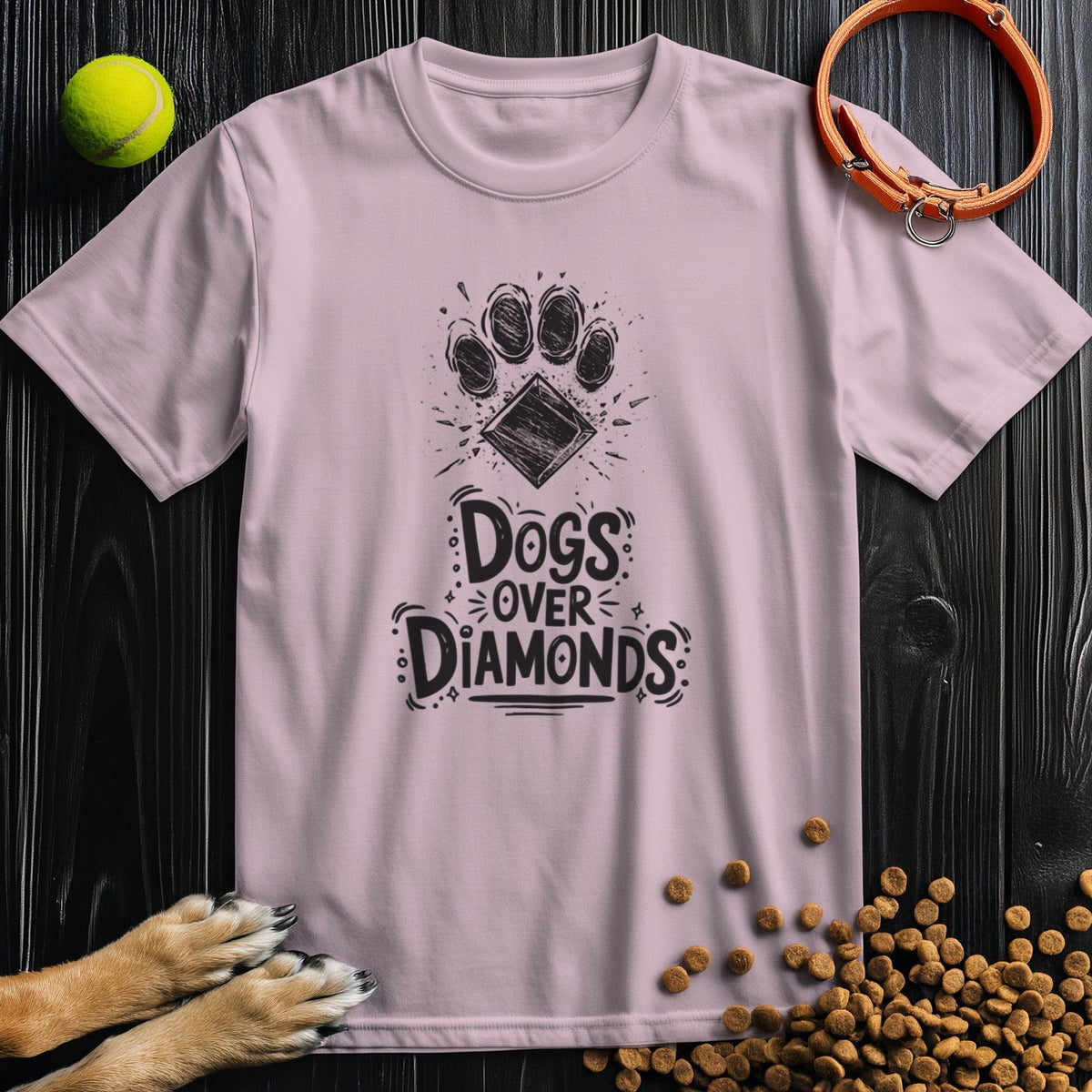 Light pink Dogs Over Diamonds T-Shirt with bold black design, made from 100% cotton and perfect for dog lovers seeking a soft, casual look.