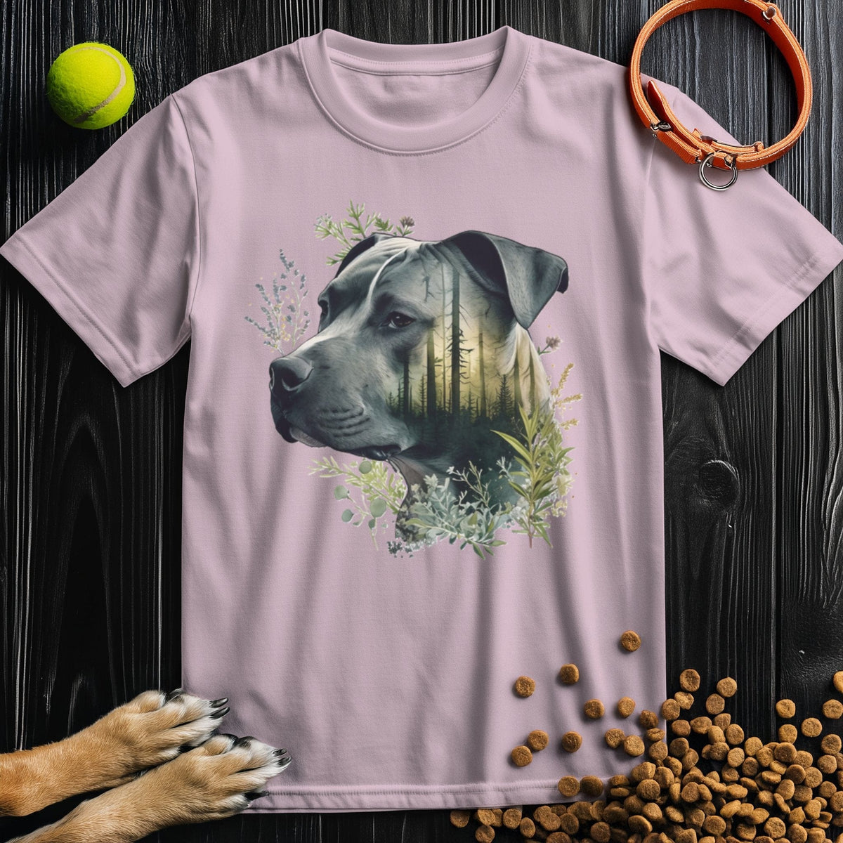 Light pink Pitbull Dog T-Shirt - Forest Dreamer design with soft cotton fabric and artistic dog portrait, great for casual pet-themed fashion.