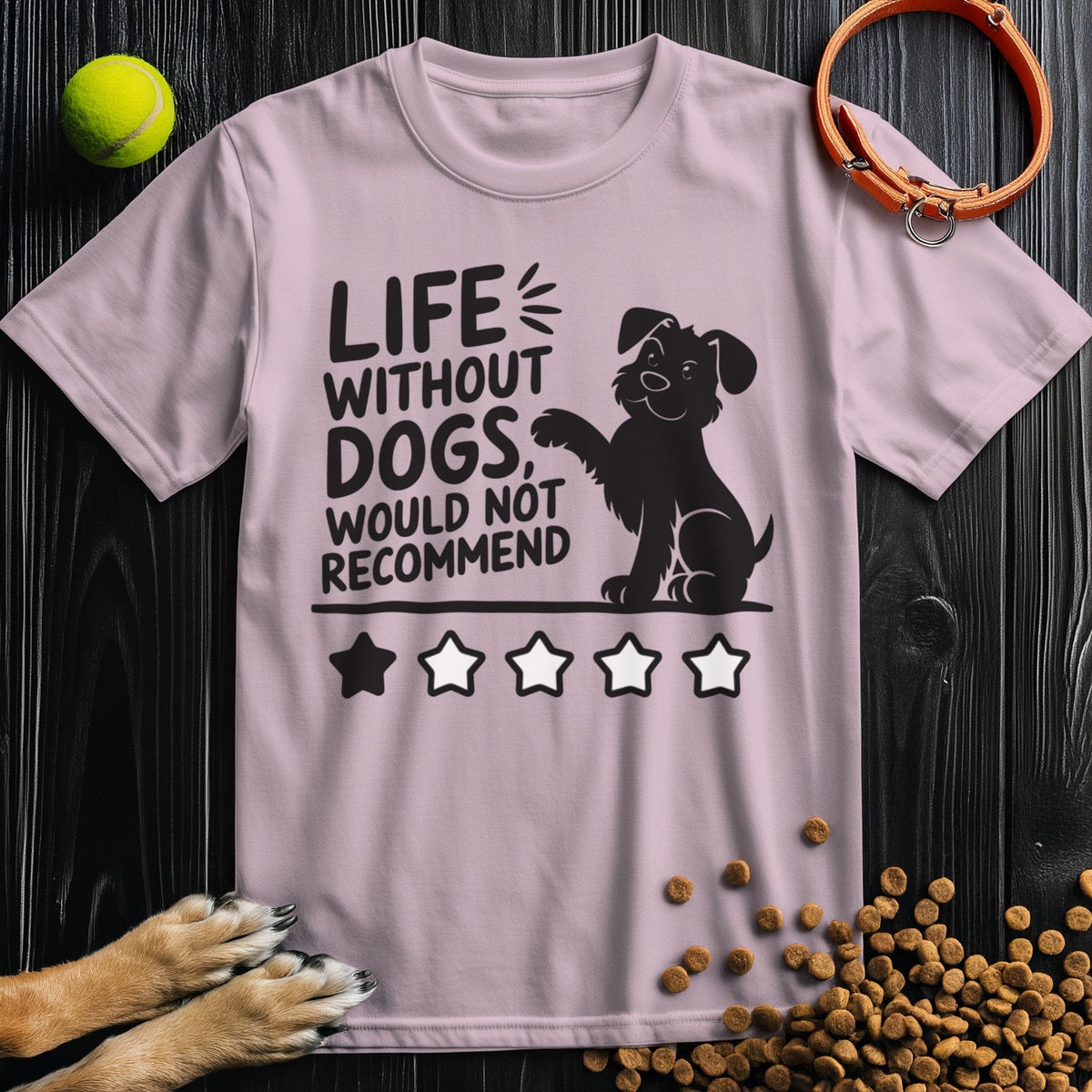 Light pink dog-themed T-shirt with cartoon dog and humorous review quote, made from soft ring-spun cotton for dog lovers.
