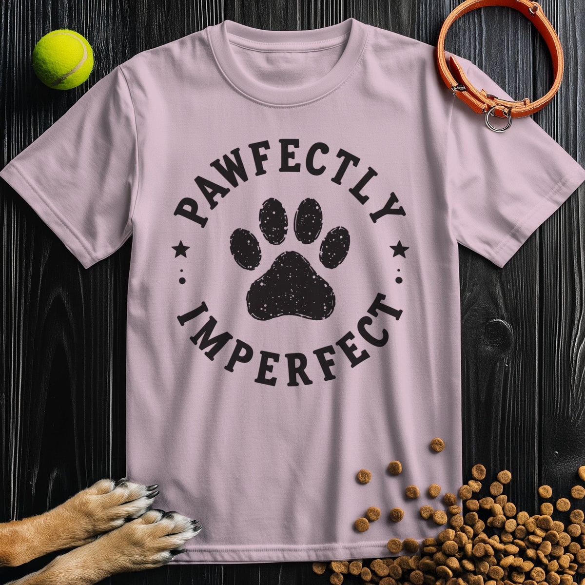 Light pink Pawfectly Imperfect Badge T-Shirt in soft cotton. Dog-themed apparel perfect for women’s casual and summer outfits.