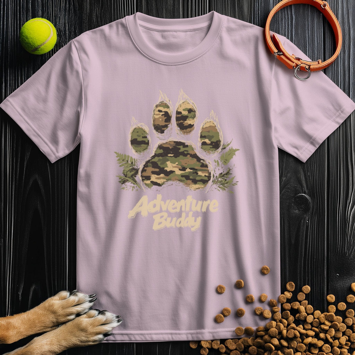 Light pink Camo Paw Adventure T-Shirt with camo paw graphic and 'Adventure Buddy' text, cozy cotton tee for pet-friendly adventures.