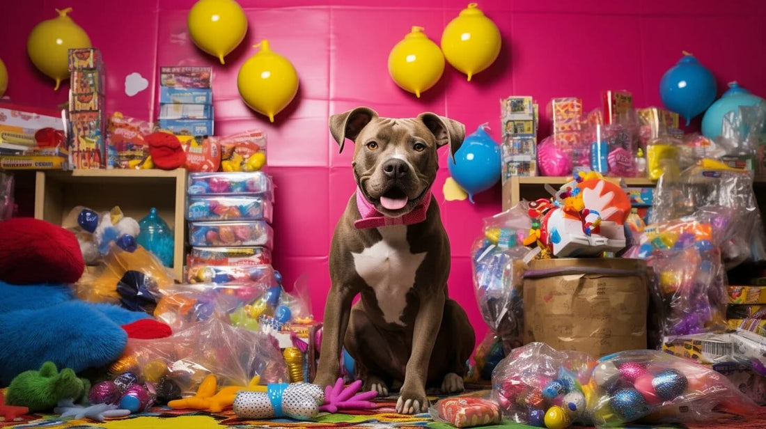 American Pit Bull Terrier Sitting With Balloons And Cake Behind It