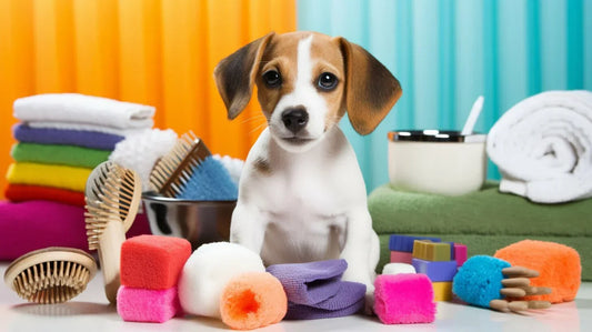 Beagle Sitting By Colorful blankets And Towels