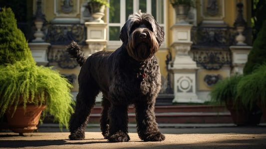 Black Russian Terrier Dog Breed Standing In Front Of A House