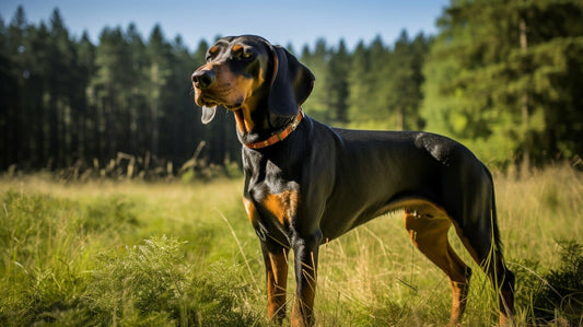 Black and Tan Coonhound Dog Standing In a Field