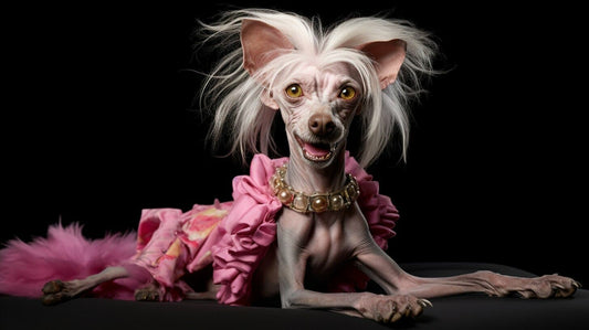 Chinese Crested Dog posing in a dress