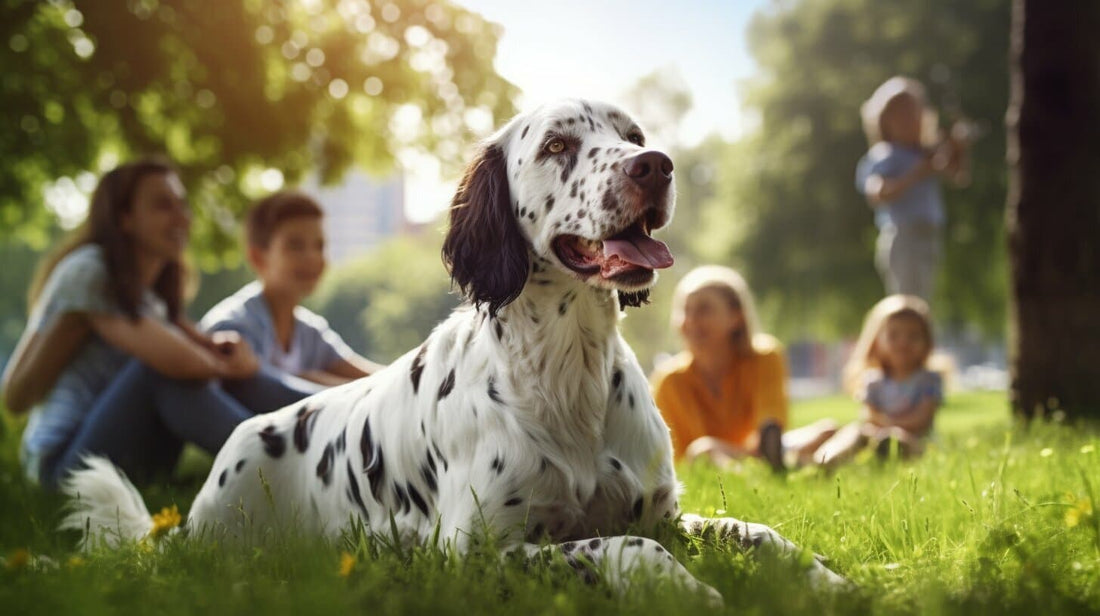 English Setter Dog laying in the grass with a family of humans