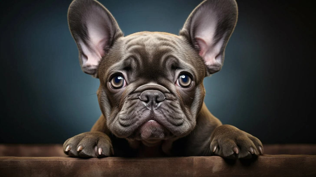 French Bulldog looking over a couch