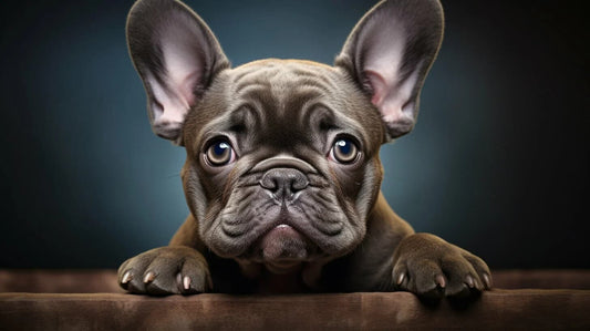 French Bulldog looking over a couch