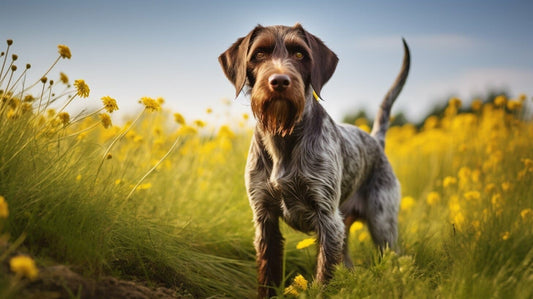 German Wirehaired Pointer dog standing in a field – versatile hunting breed known for endurance, loyalty, and intelligence.