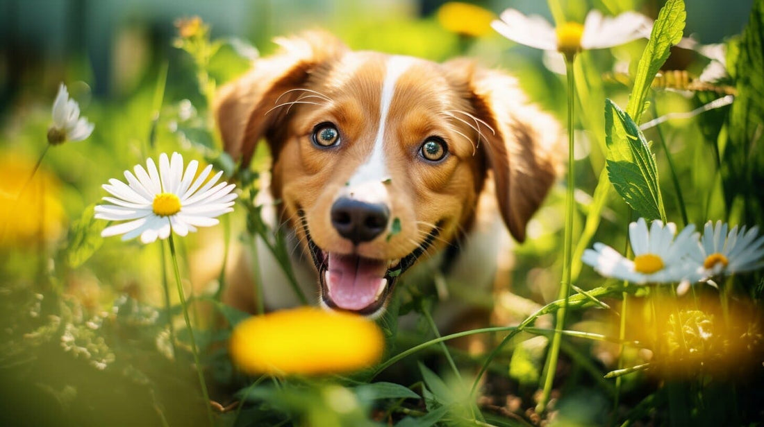 A dog with fleas in a field with flowers 