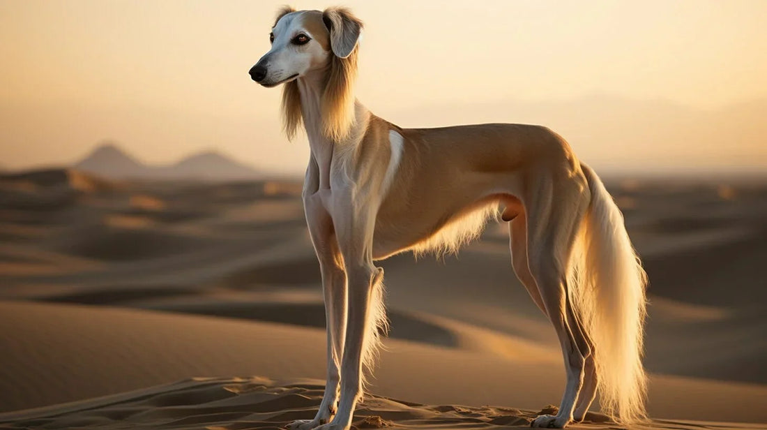 Saluki dog standing in sand