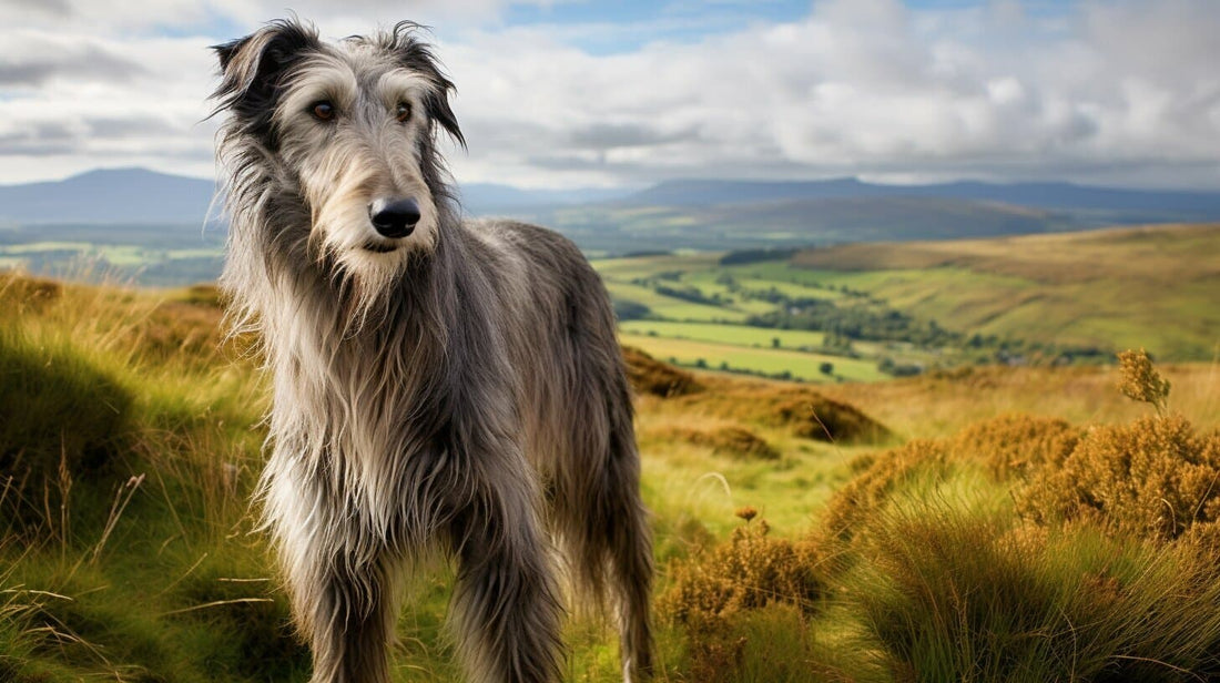 Scottish Deerhound standing in a field – gentle giant sighthound breed known for grace and hunting heritage.