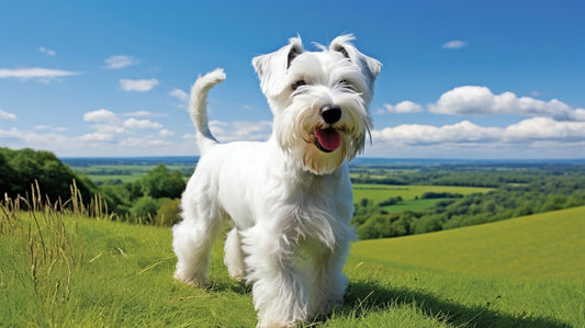 Sealyham Terrier dog outdoors on grass – small white terrier breed known for charm, loyalty, and playful personality.