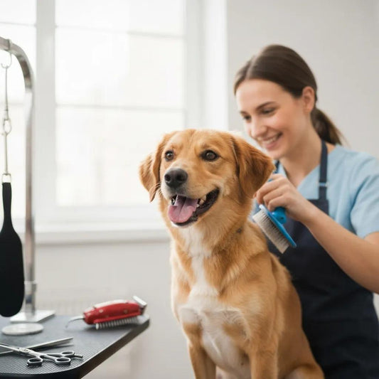 A person gently grooming a contented dog, highlighting key dog grooming advice for optimal pet health and care