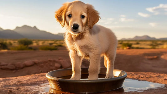A puppy standing in a bowl of water