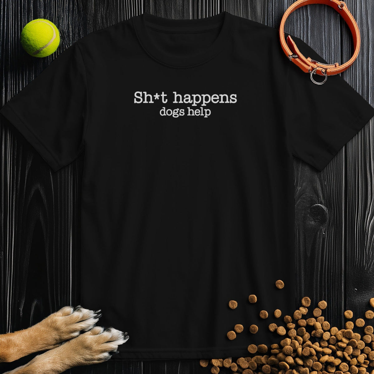 Black Sht Happens Dogs Help T-Shirt – funny dog lover graphic tee.