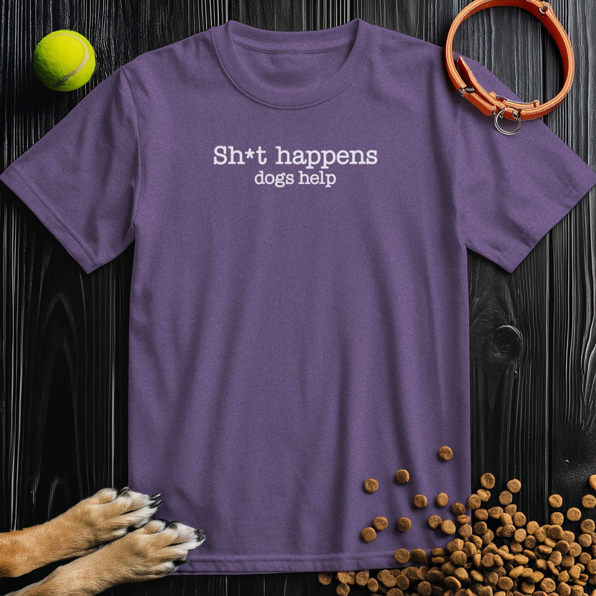 Purple Sht Happens Dogs Help T-Shirt – humorous graphic tee for dog owners.