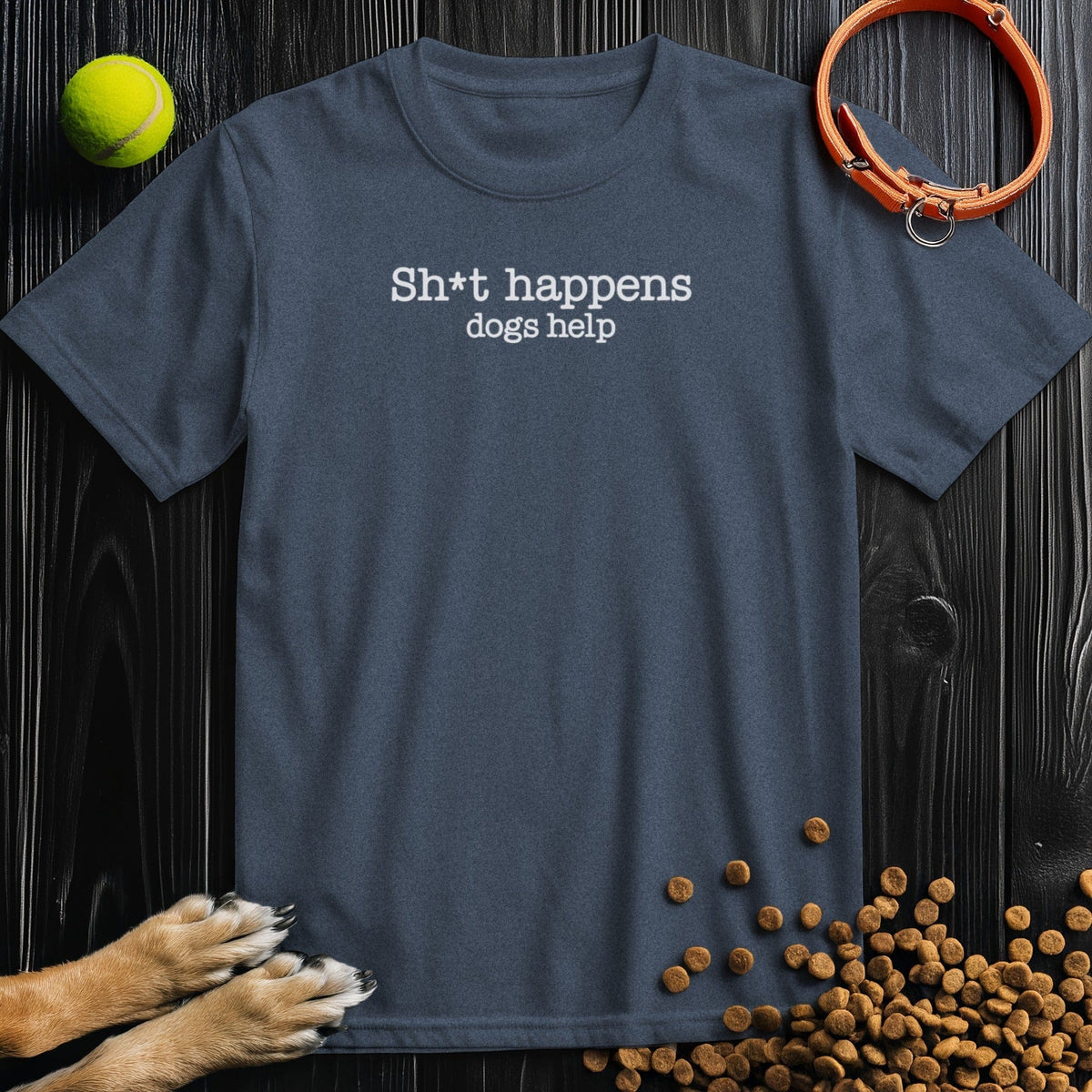 Navy Sht Happens Dogs Help T-Shirt – casual dog-themed graphic shirt.