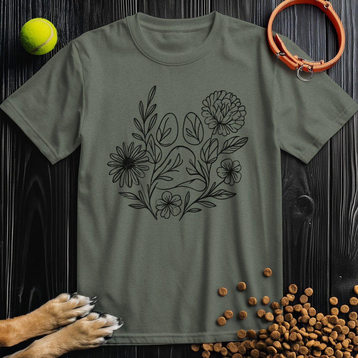 Paw & Petals T-Shirt in dark green – casual dog lover shirt with floral paw print