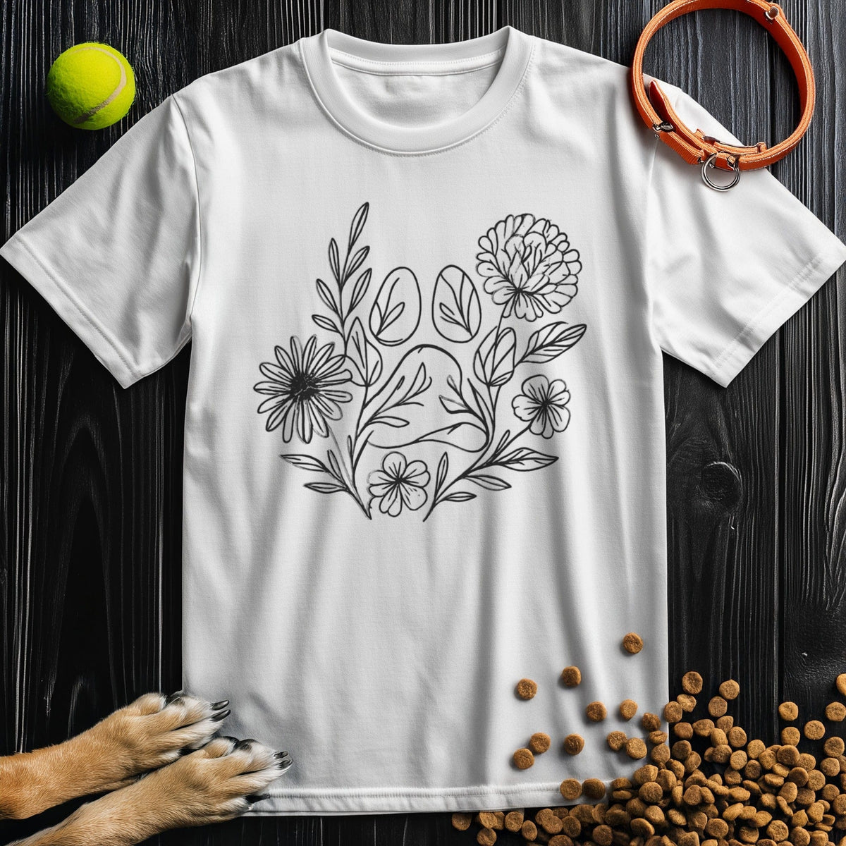 Paw & Petals T-Shirt in white – minimalist floral paw design dog shirt