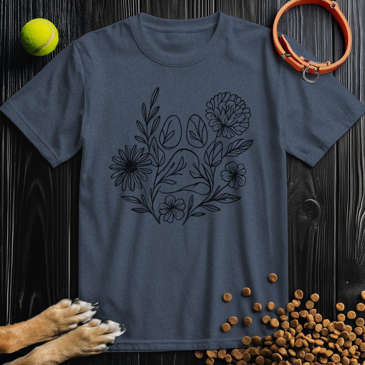 Paw & Petals T-Shirt in navy blue – stylish dog lover apparel with paw print