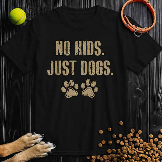 Black No Kids. Just Dogs T-Shirt for dog lovers with paw print design, made from 100% cotton. Ideal casual wear for pet enthusiasts.