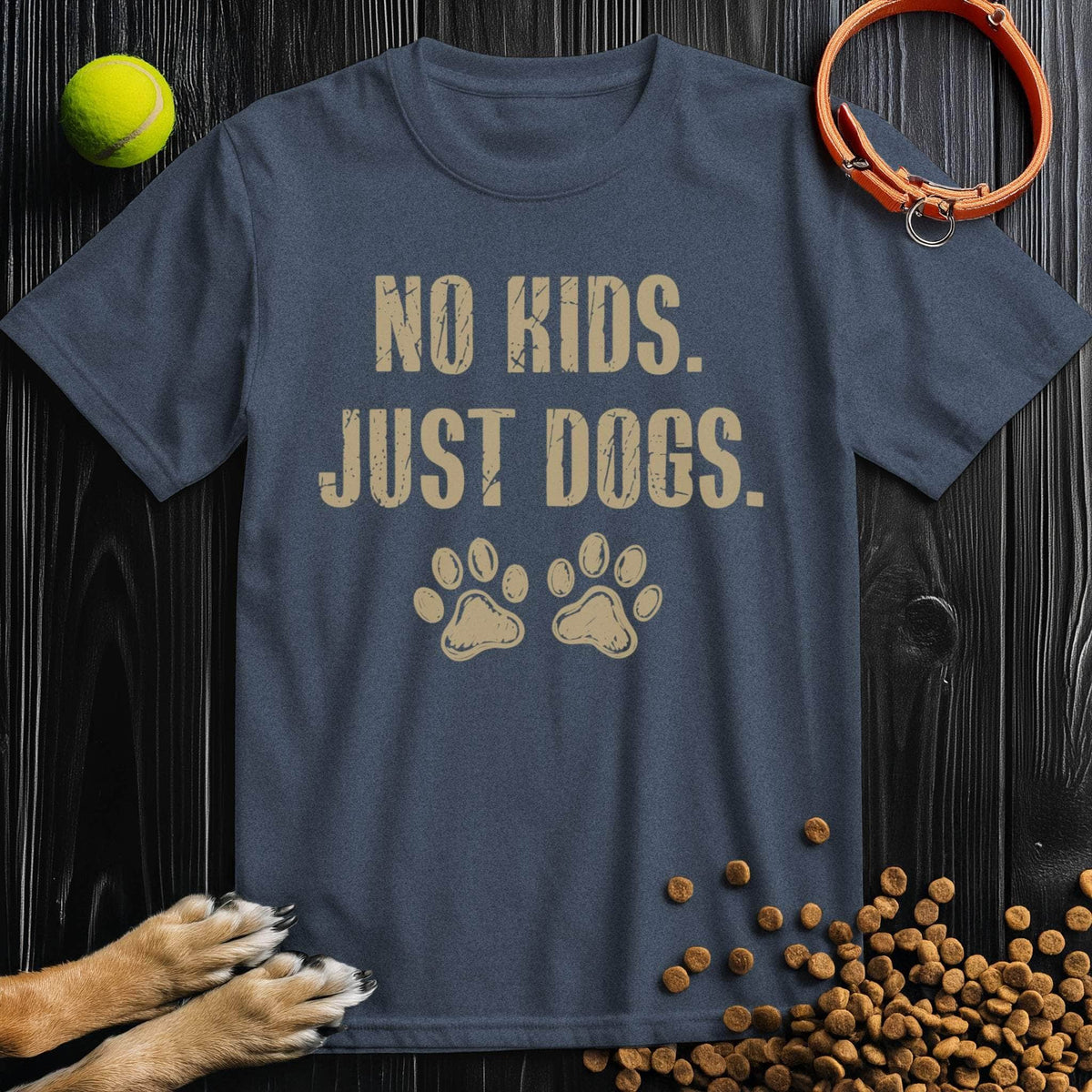 Navy blue No Kids. Just Dogs T-Shirt featuring bold beige text and paw prints, perfect cotton tee for dog lovers and casual outfits.