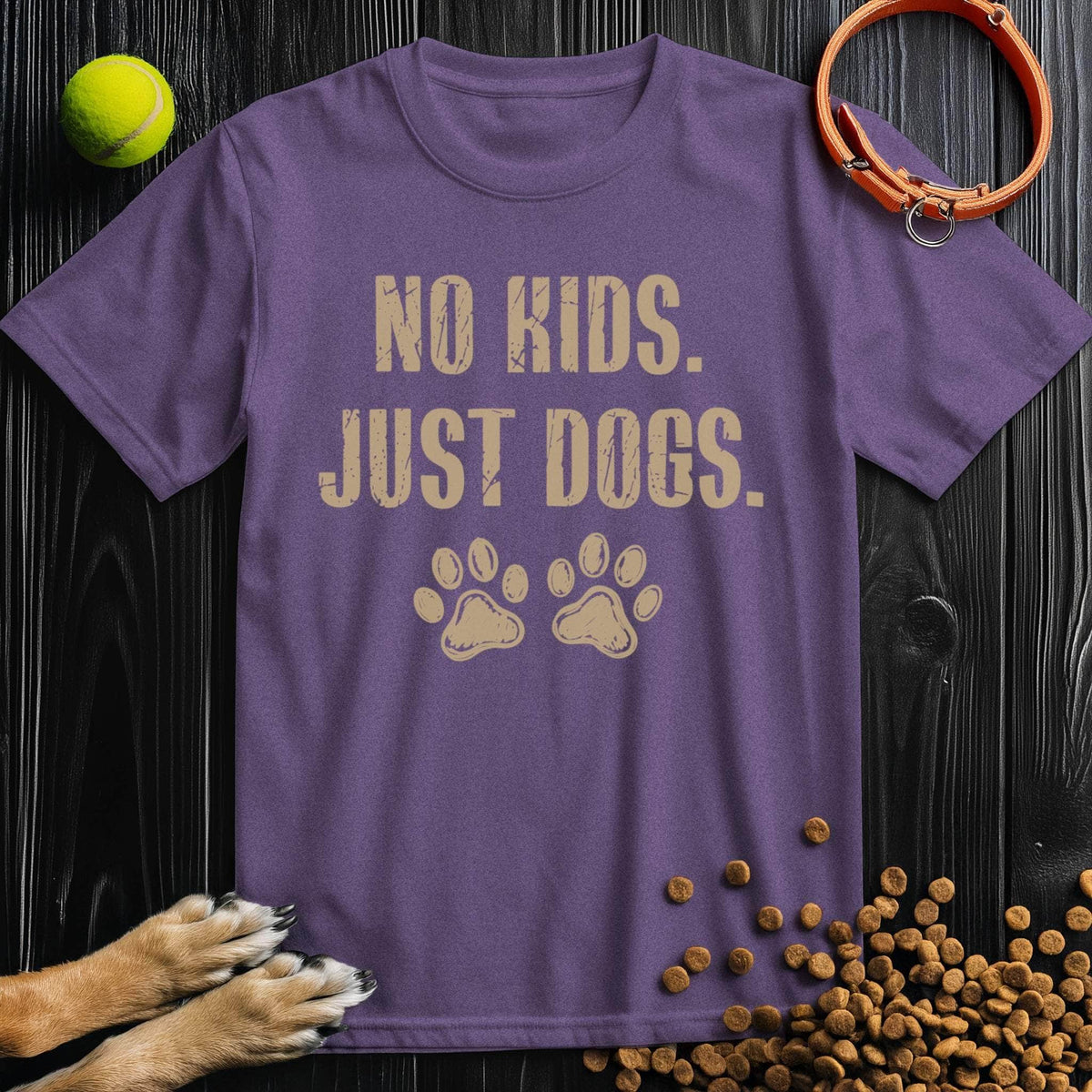 Purple No Kids. Just Dogs T-Shirt with paw print graphic, lightweight cotton tee for dog enthusiasts seeking comfort and style.