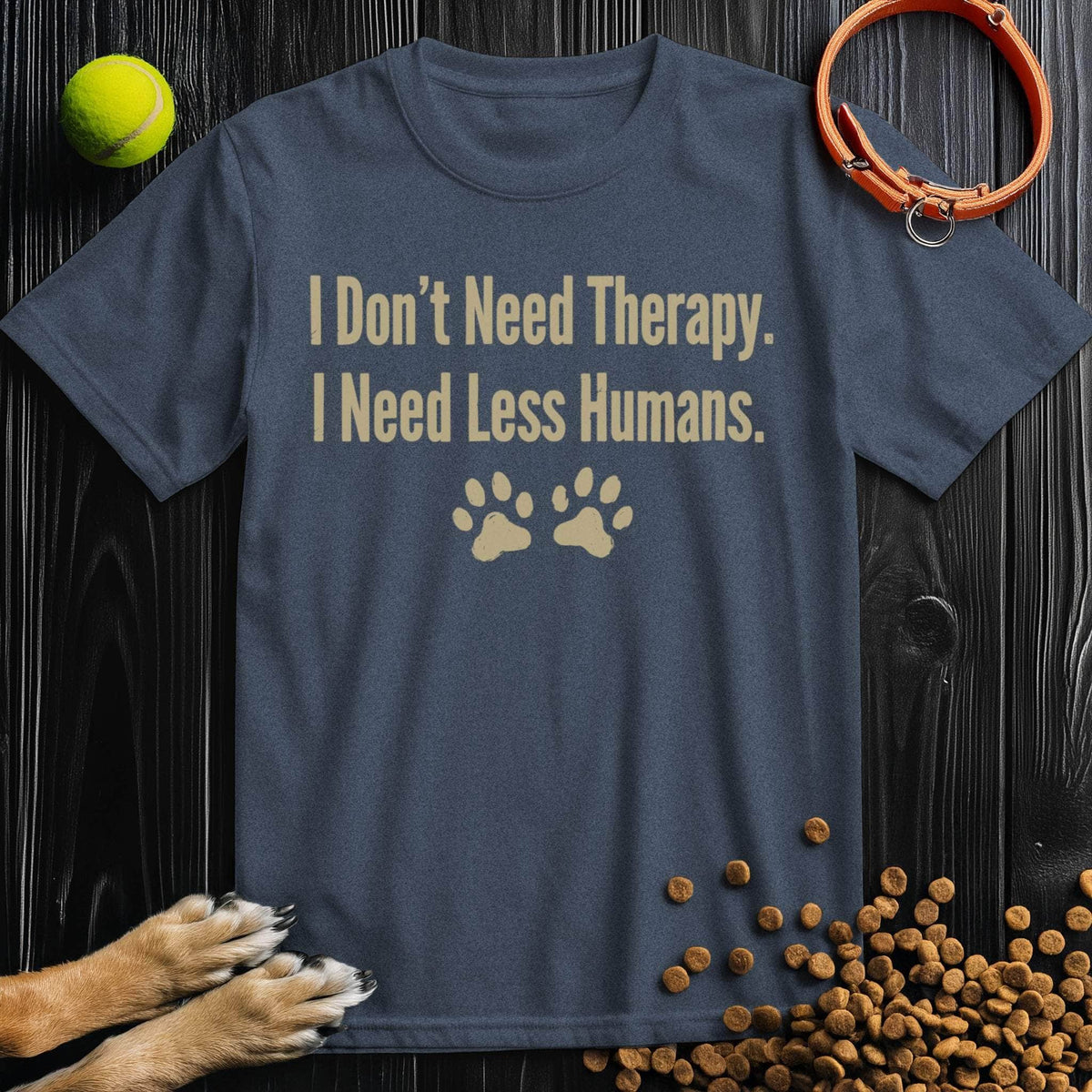 Navy blue Therapy T-Shirt - Need Less Humans featuring paw prints, ethically made from soft cotton, perfect for animal lovers.