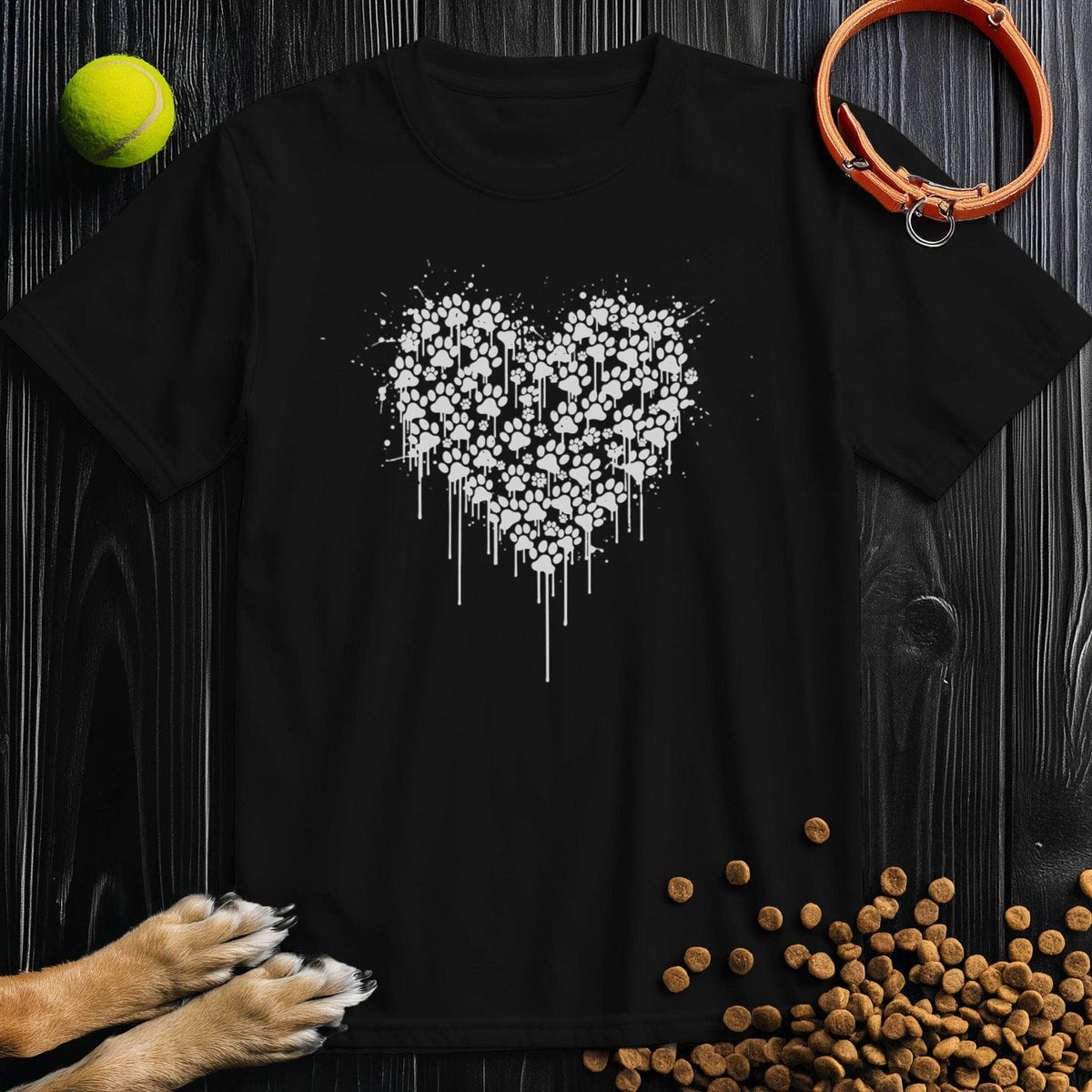 Black Pawstrokes T-Shirt featuring a white heart made of paw prints, perfect for dog lovers. Made from 100% cotton for comfort and durability.