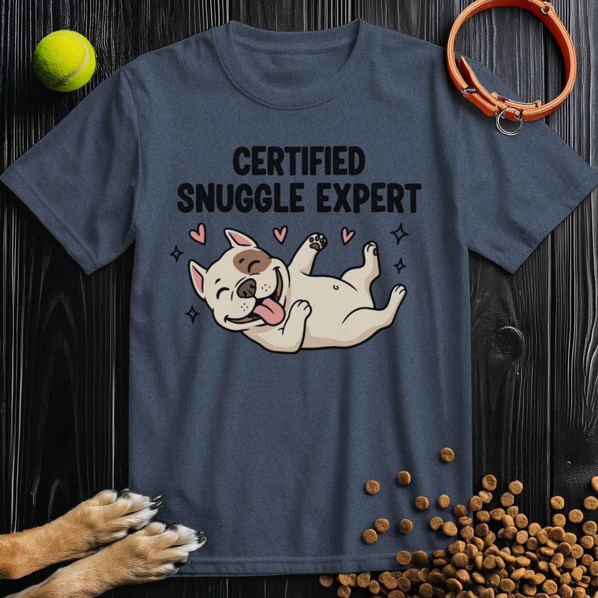 Navy blue Dog Graphic Tee titled Certified Snuggle Expert, showcasing a happy cartoon dog, ideal for casual cotton wear lovers.