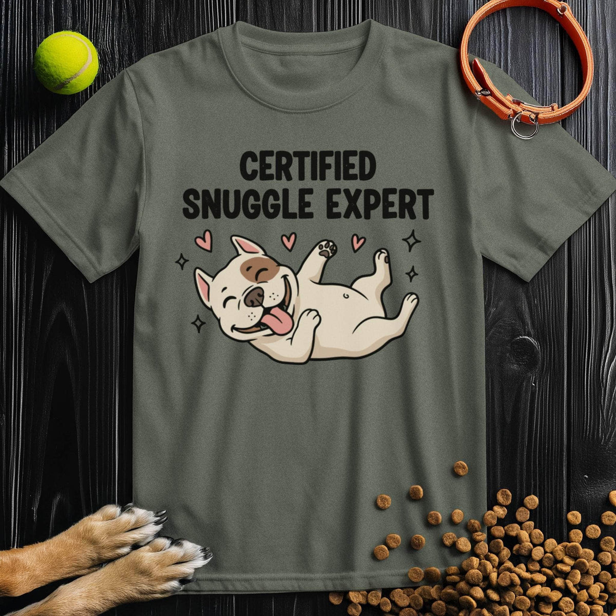 Olive green Certified Snuggle Expert T-Shirt with dog and heart print, crafted from soft cotton for everyday comfort and style.