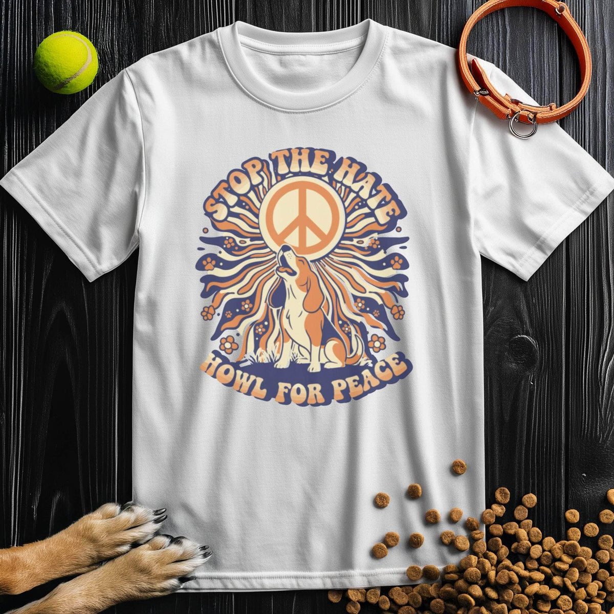 White Howl For Peace T-Shirt with colorful dog and peace design. Ethically made cotton shirt for men and women who love dogs.