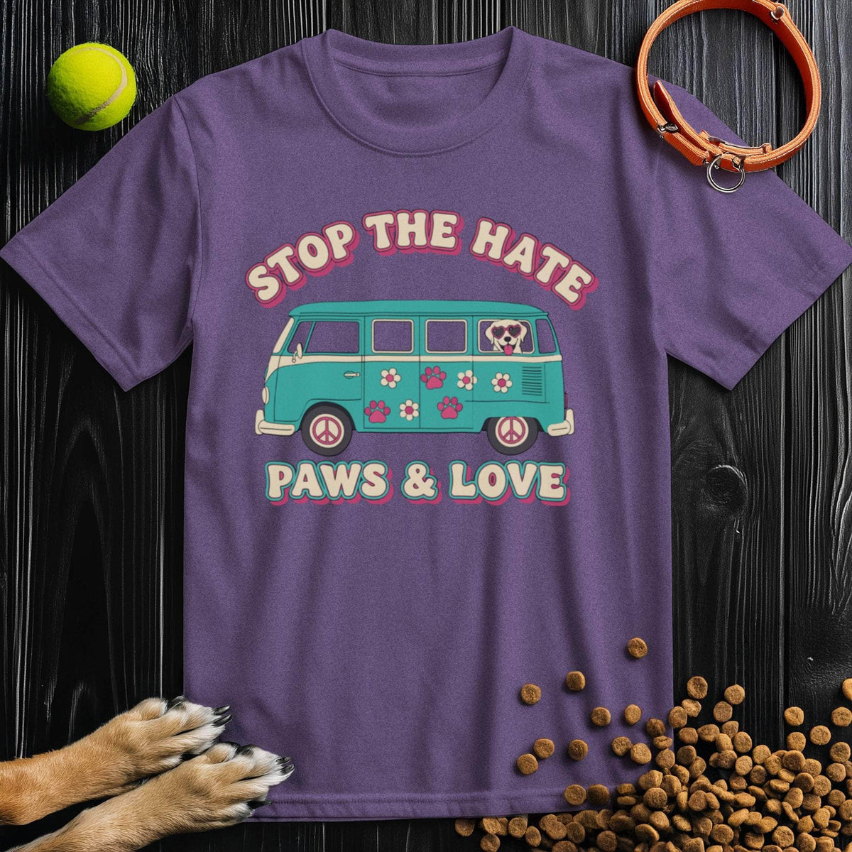 Purple Paws & Love T-Shirt for dog lovers featuring a teal van with paw prints and a dog. Made from 100% cotton, unisex and crew neck.