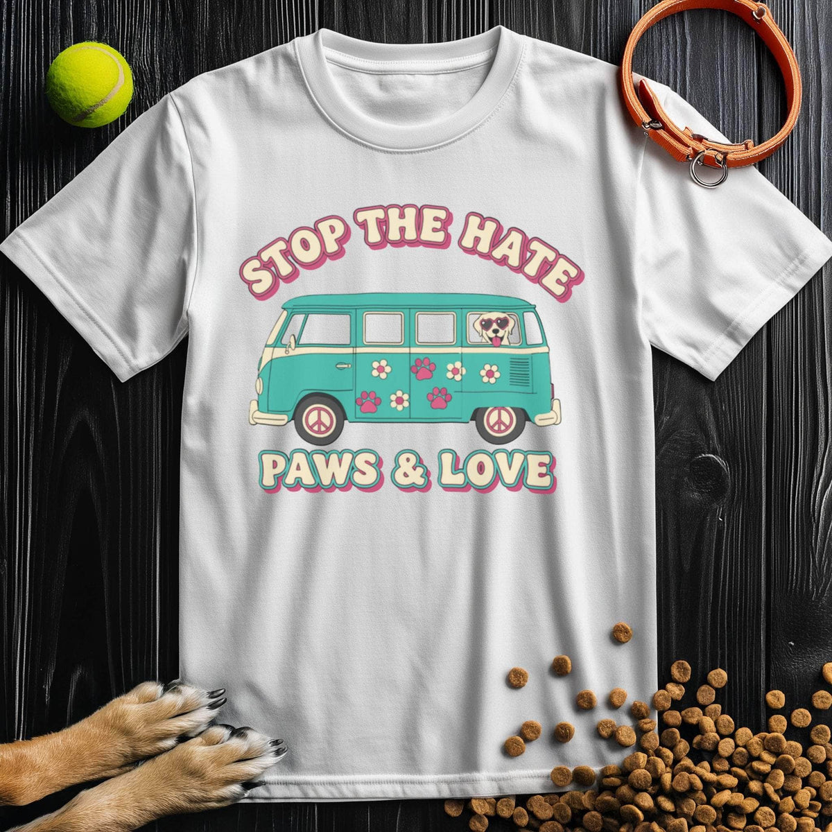 White Paws & Love T-Shirt with colorful dog-themed graphic, ideal for pet lovers. Cotton unisex tee with regular fit and summer-ready style.