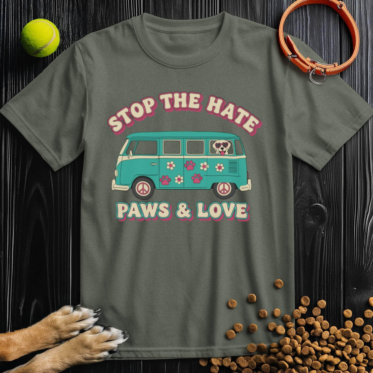 Olive green Paws & Love T-Shirt featuring a cute dog in a van graphic. Sustainable cotton, regular fit, and ideal for dog lovers.