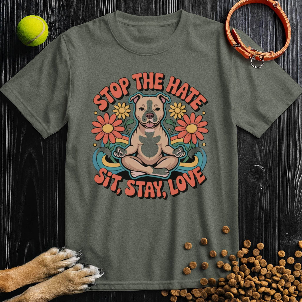 Olive green Sit, Stay, Love T-Shirt featuring a calm dog and floral design. Eco-conscious cotton tee for dog lovers and casual wear.