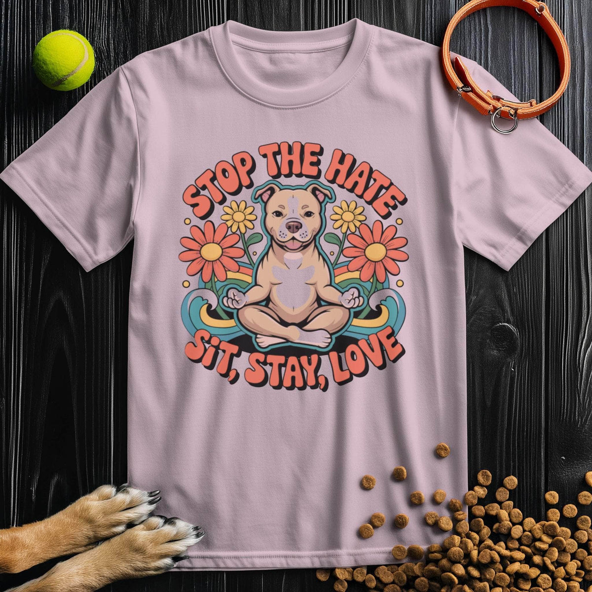 Light pink Sit, Stay, Love T-Shirt featuring a meditating dog with floral design. 100% cotton, ethical dog-themed apparel for pet lovers.