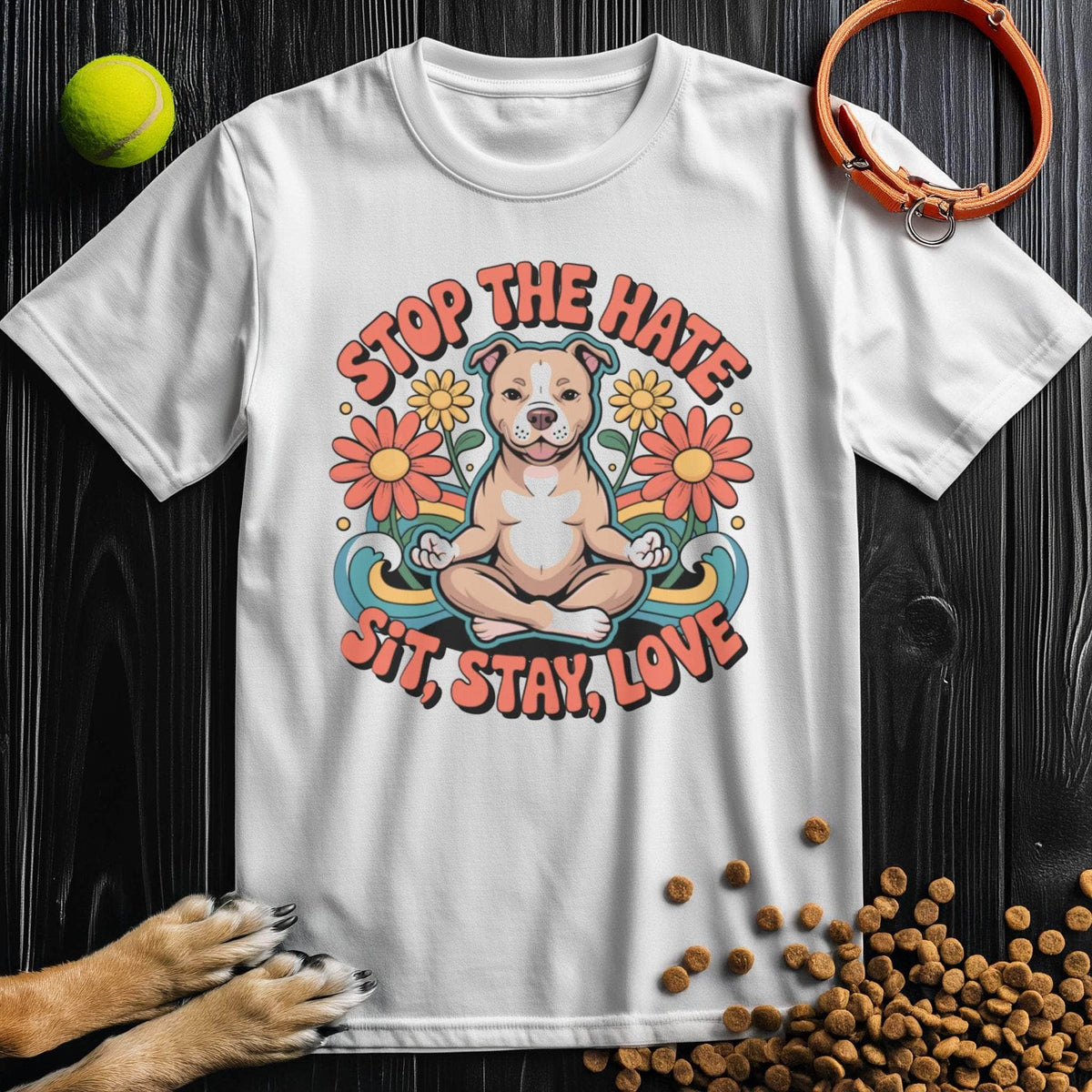 White Sit, Stay, Love T-Shirt with colorful dog and flower print. Ethically made cotton tee perfect for dog enthusiasts and casual wear.